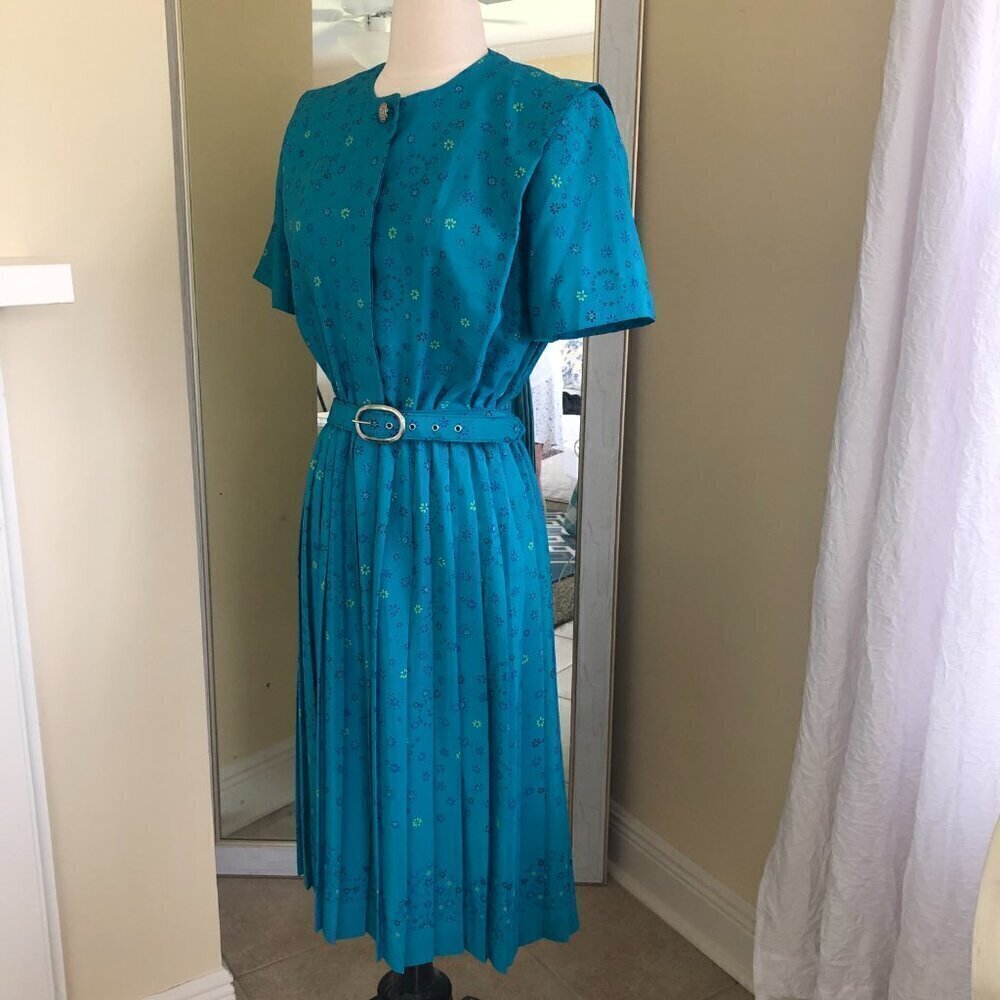 Vintage 90s Leslie Fay Blue Floral Midi Fit & Flare Dress Size 10P